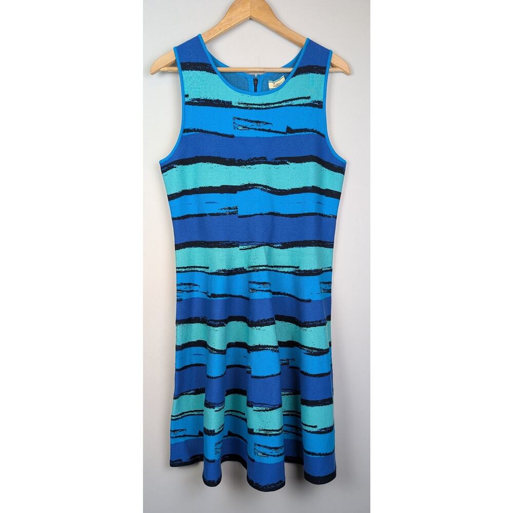 NEW Issa London Abstract Stripe Fit & Flare Dress Blue L